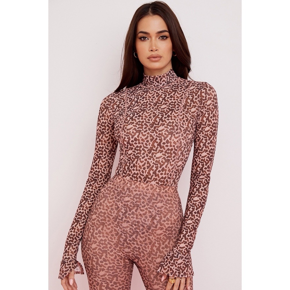 HOUSE OF CB Eleanor Mesh Bodysuit Size Small Brown Leopard Mock Neck Long Sleeve